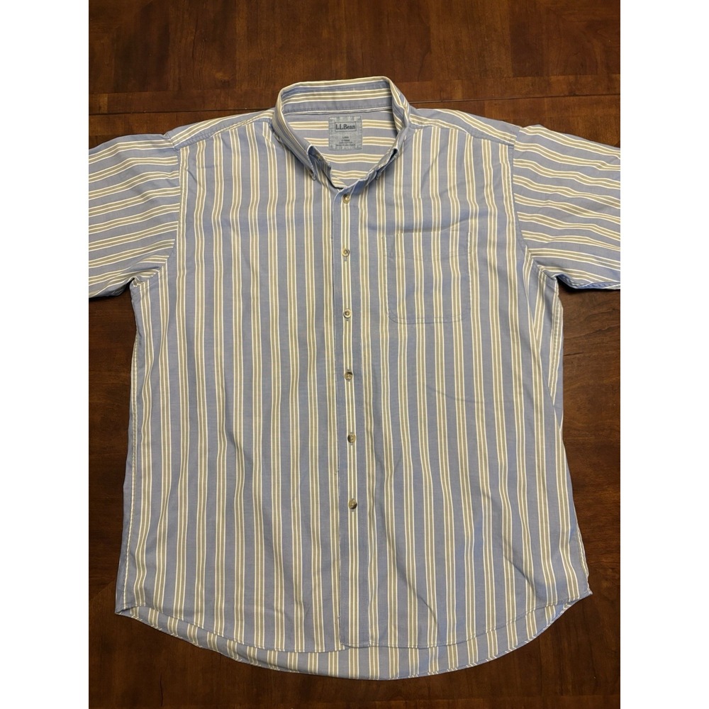 L.L. Bean Button Down Shirt Mens Large Blue Striped Short Sleeve Cotton Casual